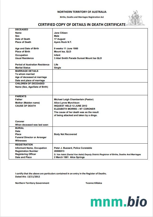 Australia Northern Territory of Australia śmierć certyfikat szablon w formacie Word